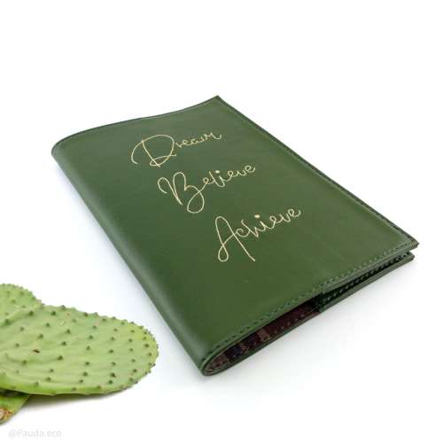 Green Cactus Leather Lined Journal - Dream Believe Achieve